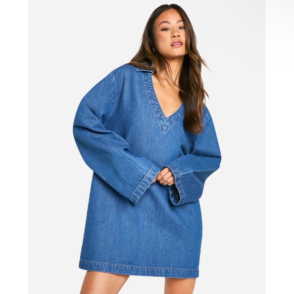 Boohoo Blue Denim Long Sleeve V-Neck Dress